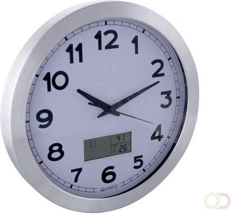 WANDKLOK MET LCD-DISPLAY THERMO- EN HYGROMETER WEERSVOORSPELLING ALUMINIUM Ã 35 cm